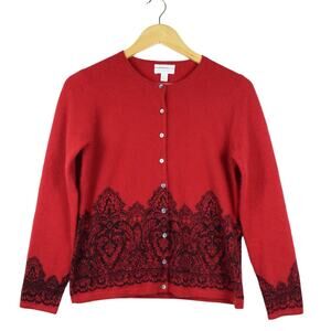 Cashmere Red & Black Lace Vintage Gothic Witch Valentine Cardigan Sweater Size S